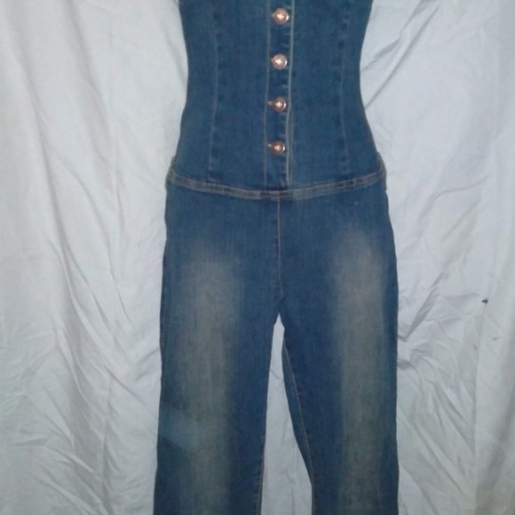 VINTAGE HOT KISS STRETCH DENIM BUTTON UP JUMPSUIT - Picture 10 of 10
